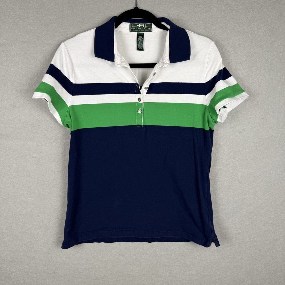 Lauren Active‎ Ralph Lauren Striped Polo Shirt Navy Blue White Green Womens L
